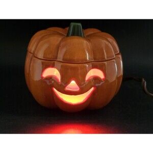 Vtg  4" Smiling Face Lighted Pumpkin Jack O' Lantern Orange Glazed Rare Working